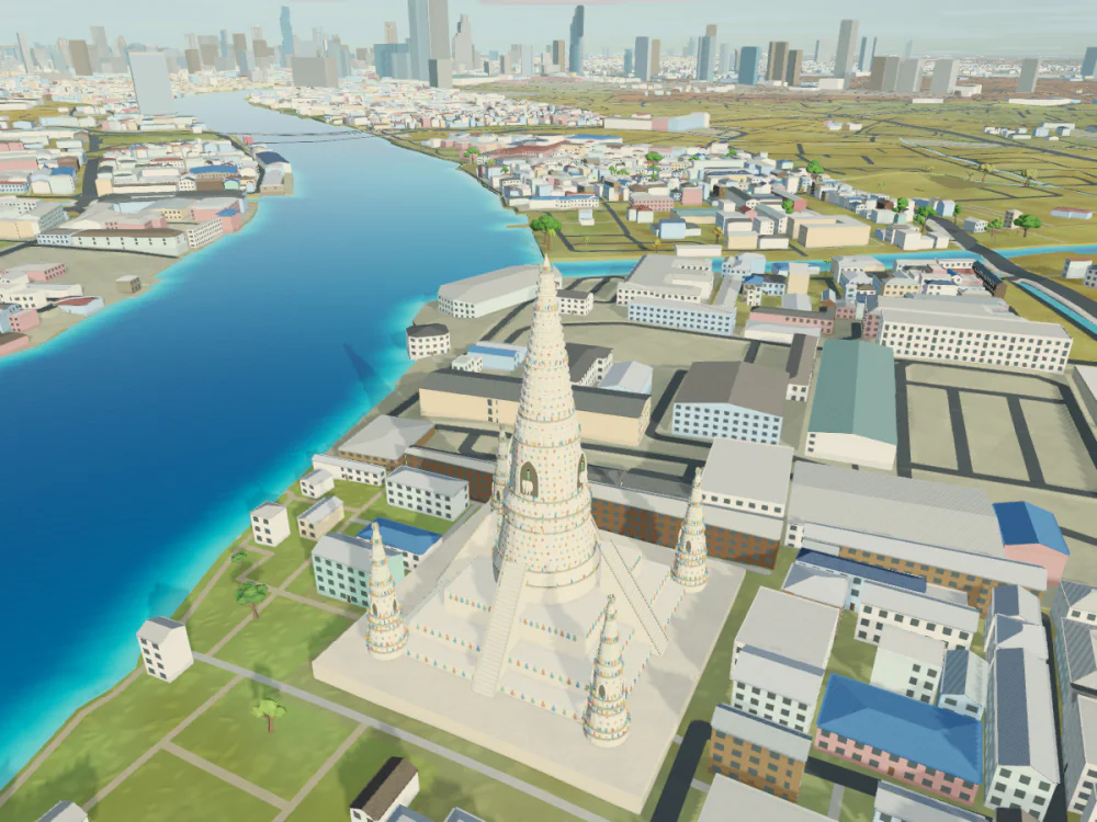 Wat Arun, Bangkok, rendered in Low Poly Earth