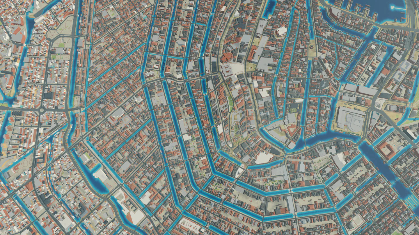 Canal rings, straight down, Amsterdam, The Netherlands. Rendered in Low Poly Earth.