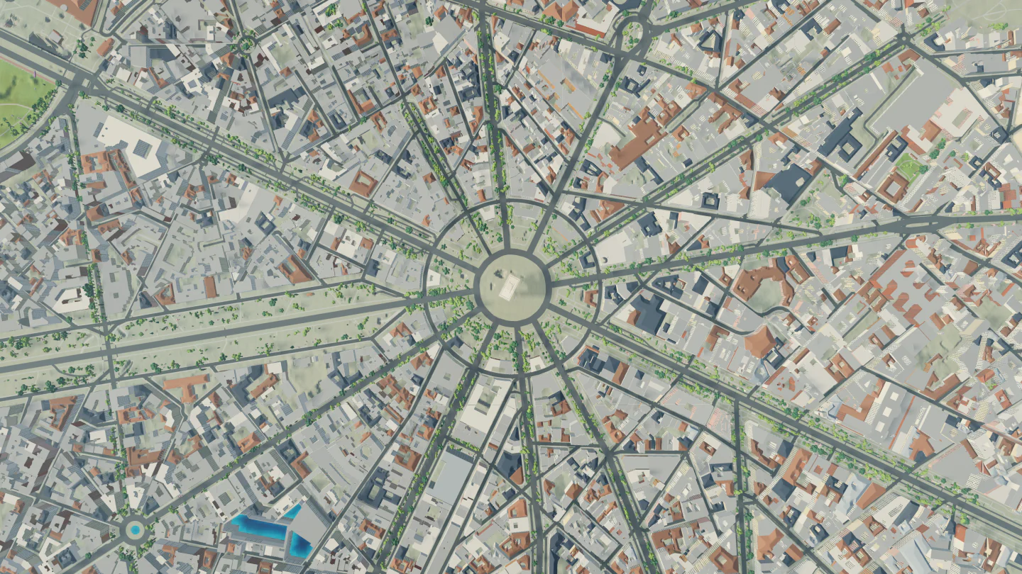 Place Charles de Gaulle, straight down, Paris, France. Rendered in Low Poly Earth.