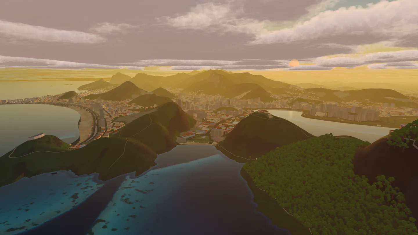 Guanabara Bay at sunset, Rio de Janeiro, Brazil. Rendered in Low Poly Earth.