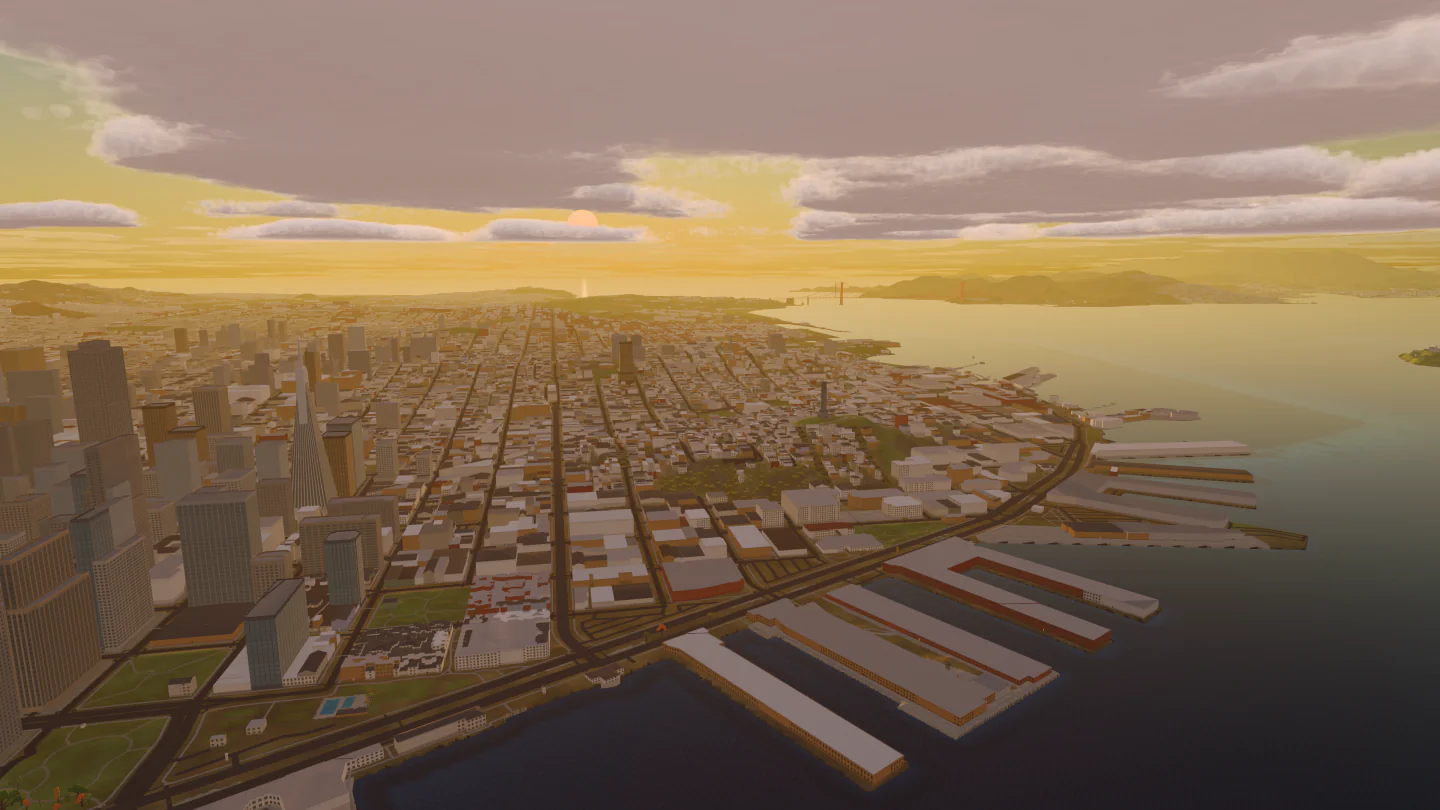 The Embarcadero at sunset, San Francisco, United States. Rendered in Low Poly Earth.